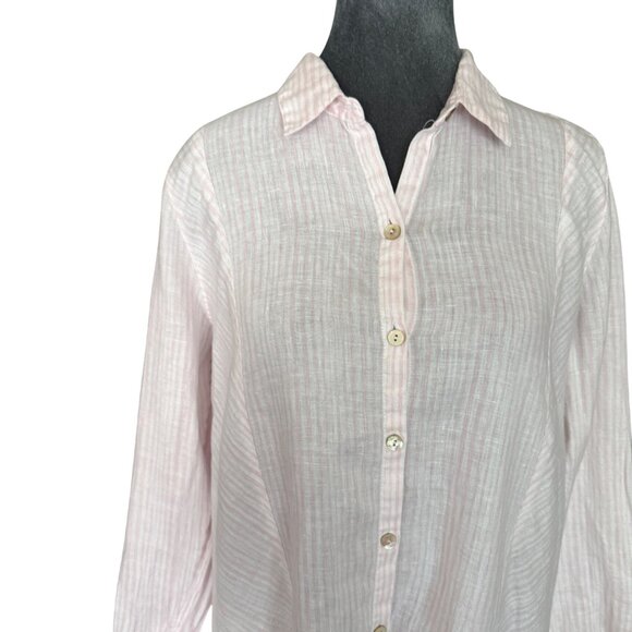 J.Jill Womens Petite M Long-Sleeve Pink Striped Button-Up Collared Linen Shirt - Picture 2 of 5